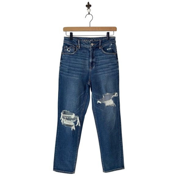 American Eagle Stretch Mom Straight Jean Size 2 Dark Wash‎ High Rise Distressed - Picture 1 of 7